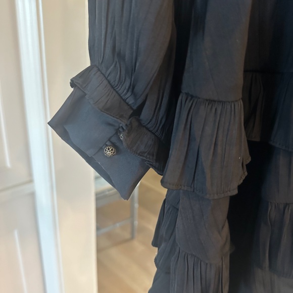 By Anthropologie Tiered Ruffled Mini Dress black Long Sleeve XL Satin $160 - Picture 7 of 10